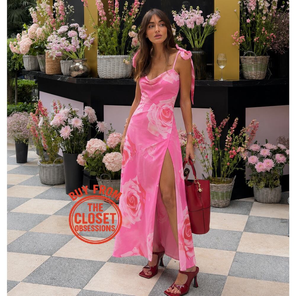 Mango NWT Pink Floral Cowl Neck Slit Maxi Dress 6 8